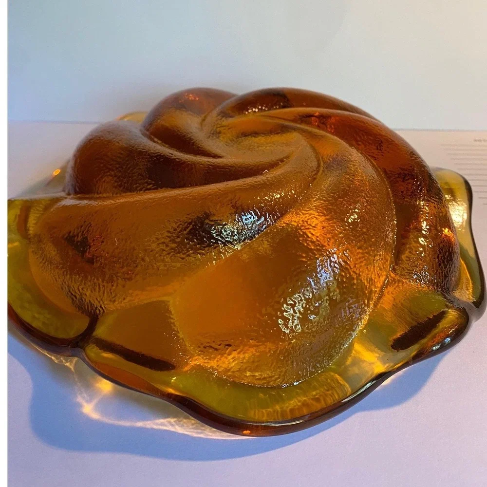 Vintage Amber Heavy Glass Bowl Dish MCM Home Decor Swirl‎ Petal Excellent